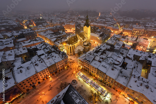 Lviv in winter time. Picturesque evening view on city center from top of town hall. Eastern Europe, Ukraine