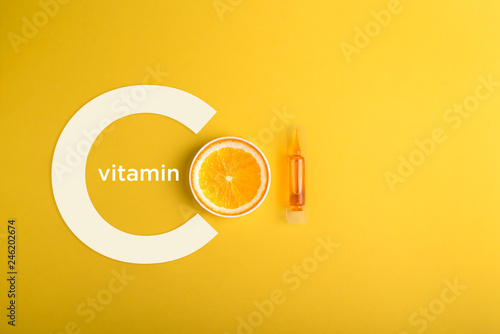 Immunity protection concept, antiviral prevention Serum and cosmetics with vitamin C. Essential oil from citrus fruits.