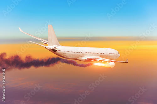 Emergency flight aircraft with fire engine dark smoke, reduction fall descent. Air crash investigation concept.