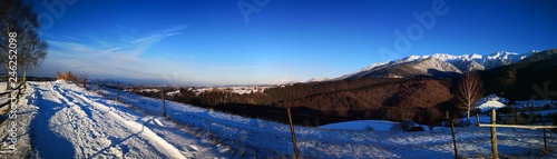 Winter landscape in the mountains with country road - panoramic view