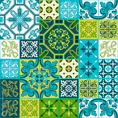 Traditional Portuguese ceramic tile azulejo. Colorful seamless patchwork pattern.