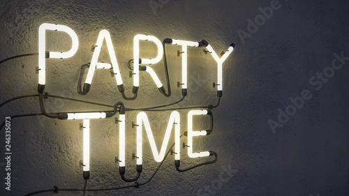 Party time neon sign on concrete wall background 3D Rendering