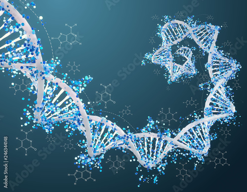 Digital 3D DNA helix with particles and molecules background - Innovation, modern medicine, technology and human genome concept