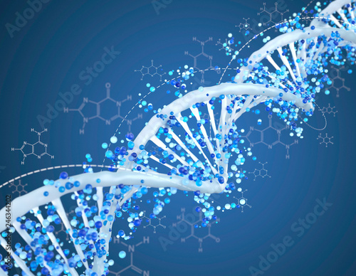 Digital 3D DNA helix with particles and molecules background - Innovation, modern medicine, technology and human genome concept