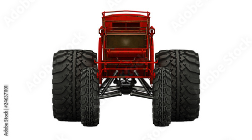 Vecchia carrozza rossa steampunk senza cavalli, con ruote giganti da fuoristrada, illustrazione 3d, rendering 3d