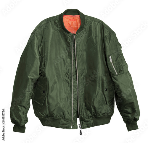 Blank Pilot bomber jacket green color front view on white background