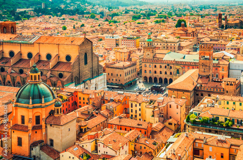 Aerial cityscape view of Piazza Maggiore square in the city of Bologna, Italy. Historic city center of Bologna, Italy. Beautiful ancient historical buildings of Bologna, Italy. Landmark of Italy