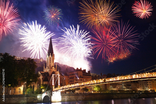 Fireworks light up Lyon sky over the Saone river