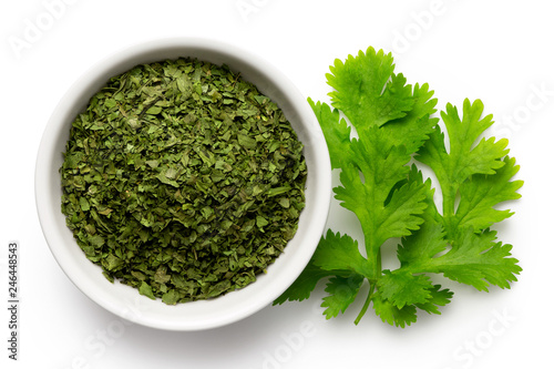 Dried chopped coriander leaves in white ceramic bowl next to fresh coriander leaves isolated on white from above.