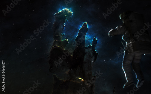 Pillars of Creation. Astronaut in deep space. Science fiction art. Elements of the image were furnished by NASA