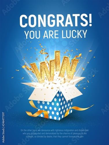 WIN gold text. Open textured blue box with confetti explosion inside and golden winning word on blue background vertical illustration.