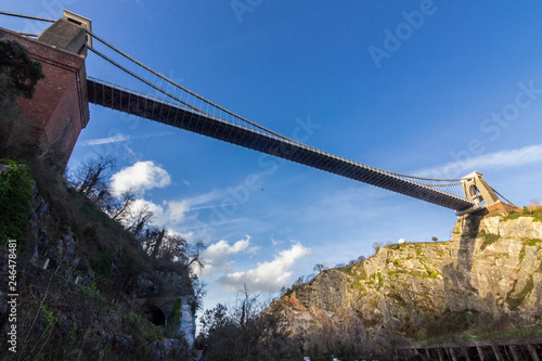 Clifton suspension bridge, an amazing engineering construction between the two cliffs of Avon Gorge to cross Avon River. Bristol hanging bridge is an amazing scenery at the outdoors of Leigh Wood