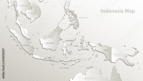 Indonesia map, state names, separate states, individual region, card paper 3D natural vector