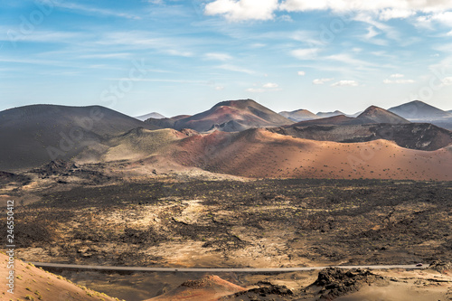 Amazing landscape of Timanfaya National Park on the volcanic island of Lanzarote (Canary Islands) in Spain.
