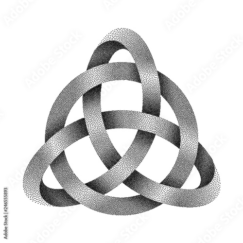 Stippled knot Triquetra with circle made of mobius strip. Vector textured illustration.