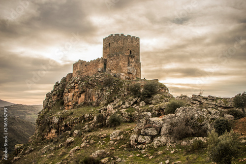 Medieval castle on a cliff on a cloudy day, Algoso, Vimioso, Miranda do Douro, Bragança, Tras-os-Montes, Portugal