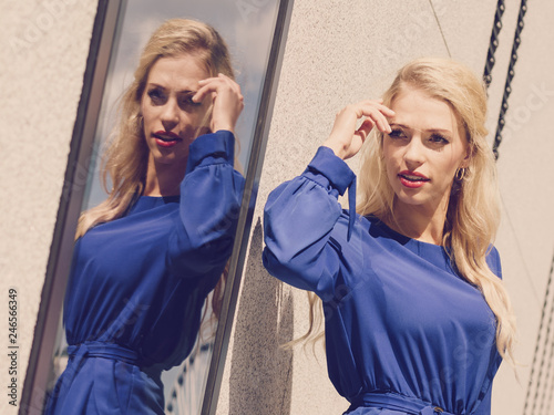Fashion model wearing blue navy shirt