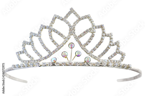 Tiara with white diamonds. Crown for princess. Expensive jewelry. Decoration for queen, miss contest tiara isolated on white background. Full depth of field, with clipping path