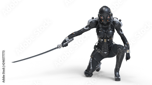 Science fiction cyborg female kneeling on one knee holding a katana in one hand. Sci-fi Cyborg samurai girl. Young Girl in a futuristic black armor suit with a helmet. 3D rendering on white background