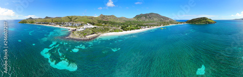 Aerial panoramic view of Christopher Harbor and the Caribbean Sea, Saint Kitts, near the Park Hyatt hotel and Reggae Beach