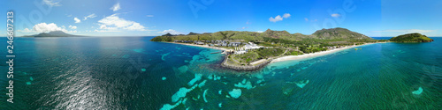 Aerial panoramic view of Christopher Harbor and the Caribbean Sea, Saint Kitts, near the Park Hyatt hotel and Reggae Beach