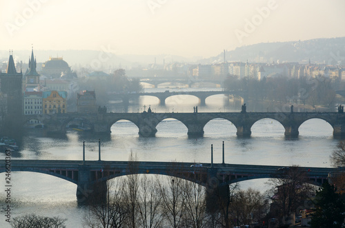 Morning view of bridges and Vltava River from observation deck of Ganavsky pavilion, Prague, Czech Republic