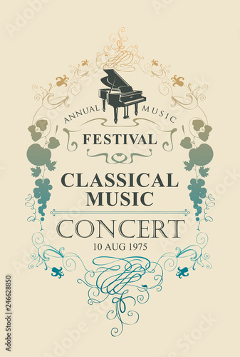 Vector poster for a concert of classical music with grand piano and vignette in vintage style on beige background