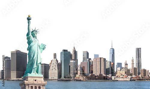 The Statue of Liberty with high-rise building in Lower Manhattan, New York City, isolated with clipping path