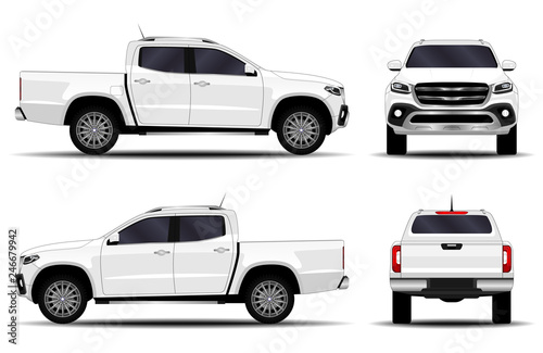 realistic car. truck, pickup. front view; side view; back view.