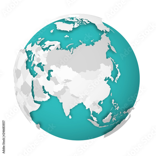 3D Earth globe with blank political map dropping shadow on blue green seas and oceans. Vector illustration