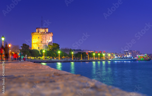 View of the White Tower of Thessaloniki which is a monument and museum on the waterfront of Thessaloniki, capital of the region of Macedonia in northern Greece