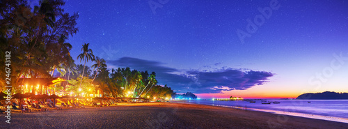 Beautiful evening panoramic view of tropical beach on the resort coast in Ngapali, Myanmar.