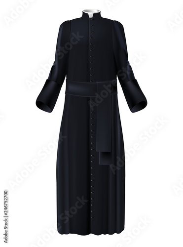 Christian priest cleric black cassock with white collar and belt realistic vector isolated on white background. Catholic, lutheran, anglican priesthood, missionary or seminarian vestment illustration