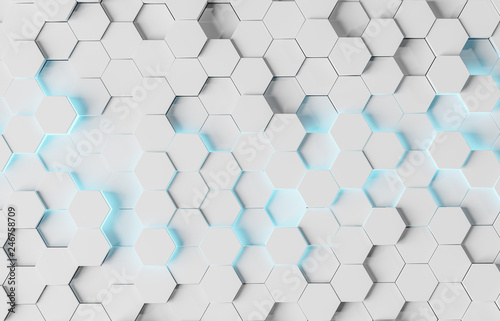 White and blue hexagons background pattern 3D rendering
