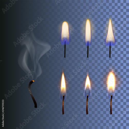 Vector set of fire, realistic candle flame and burned wick with smoke isolated on blue background