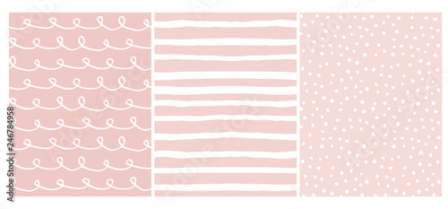 Set of 3 Hand Drawn Irregular Geometric Patterns. White Horizontal Stripes, Dots and Waves with Loops on a Light Pink Background. Cute Infantile Style Illustration. Children's Scrawl Like Design. 