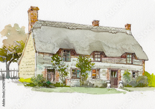 English cottage watercolor hand drawn painting