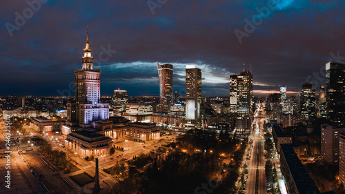 A panorama of Warsaw downtown at night.