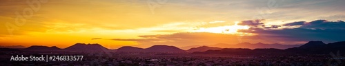 A panorama of a colorful sunset over the desert of the American Southwest in Arizona.