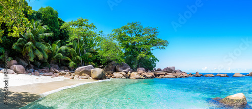 Seychelles panoramic view of the beach on La Digue island