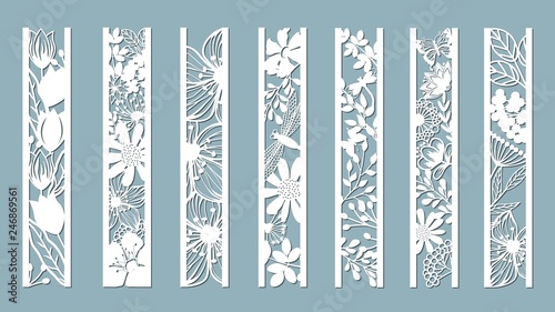 panels with floral pattern. Flowers and leaves. Laser cut. Set of bookmarks templates. Image for laser cutting, plotter cutting or printing. Tulip, Daisy. plotter and screen printing. serigraphy