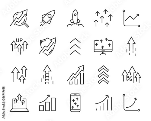 set of rising icons, such as test, boost, up, rise, increase, fast