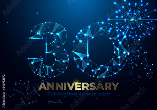 Anniversary 30. Geometric polygonal Anniversary greeting banner. gold 3d numbers. Poster template for Celebrating 30th anniversary event party. Vector fireworks background. Low polygon