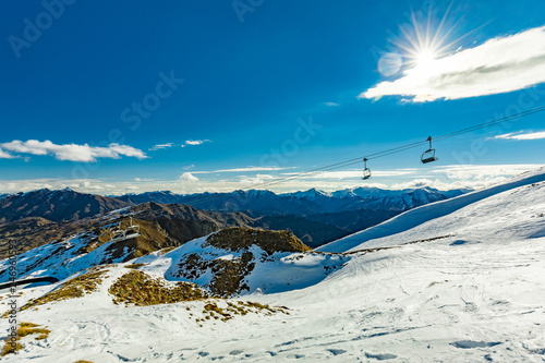 New Zealand mountain panorama and ski slopes as seen from Coronet Peak ski resort, Queenstown