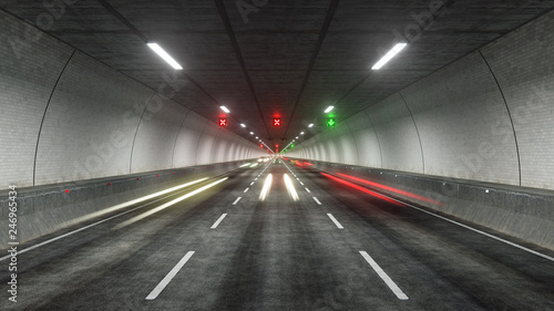 Automobile Light trails in tunnel 3D rendering