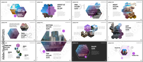 Minimal presentations design, portfolio vector templates with hexagons and hexagonal elements. Multipurpose template for presentation slide, flyer leaflet, brochure cover, report, advertising.