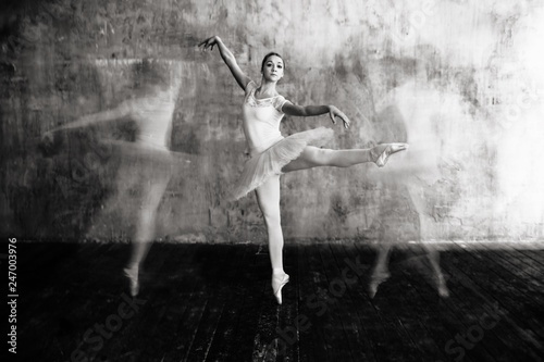 Ballerina in motion. Beautiful woman ballet dancer. Multiple exposure black and white.