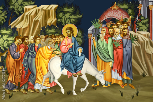 Palm Sunday. Jesus' triumphal entry into Jerusalem. Dominica in palmis de passione domini. Illustration - fresco in Byzantine style.