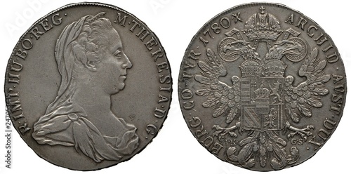 Austria Austrian silver coin 1 one thaler 1780, original issue, bust of Empress Maria Theresa right, eagle with two heads and crowned shield on chest, crown with ribbon above, 