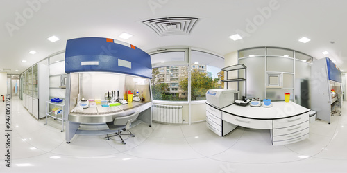 Panorama of 360 degrees laboratory with a large panoramic window and views of the street. Panorama of the laboratory without people 360 degrees in equidistant scan. Spherical panorama of the hospital